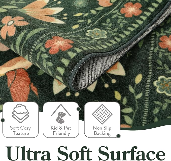 Moynesa 3x5 Kitchen Rug, Modern Cottage Washable Non-Slip Low Pile Area Rug for Bedroom Entryway Entrance Aesthetic,Lightweight Foldable Farmhouse Floral Bird Print Pattern Carpet Retro Home Decor