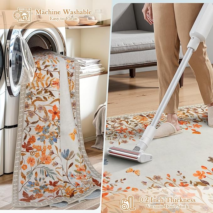 Wonnitar Fall Washable 8x10 Rug for Living Room, Soft Halloween Rug Floral Area Rug for Bedroom, Non Slip Dining Room Botanical Floor Carpet for Kids Nursery Playroom Guest Room (Orange,8'x10')