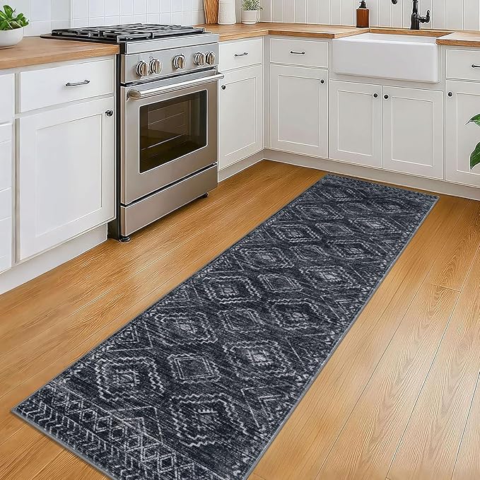 KILOCOCO Boho Kitchen Runner Rug 2x6 Washable Runner Rug, Soft Runners for Hallways Non Slip Printed Distressed Laundry Room Rug, Low-Pile Rug for Entryway/Bedroom/Living Room, Charcoal