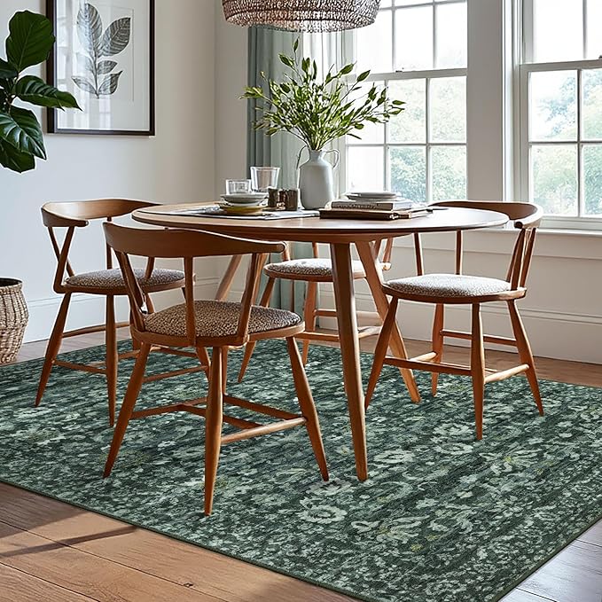 Vintage Floral 6x9 Rug, Dark Green Washable Area Rug for Bedroom, Non Slip Living Room Rug Thin Printed Faux Wool Super Soft Floor Carpet for Nursery Playroom Dining Room Indoor Office