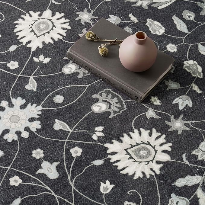 EVERGRACE Hallyway Area Runner Rugs 2x8, Boho Floral Faux Wool Indoor Outdoor Rugs, Washable Rugs for Bedroom Dining Room Living Room Kitchen, Low Pile Floor Mat Carpet for Home Decor, Ebony Black