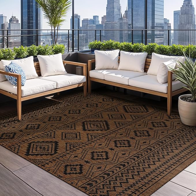 Beverly Rug Waikiki Boho Indoor Outdoor Rug 6x9, Washable Outside Carpet for Patio, Deck, Porch, Bohemian Area Rug, Farmhouse Rugs, Aztec Tribal Rug, Nut Brown and Black