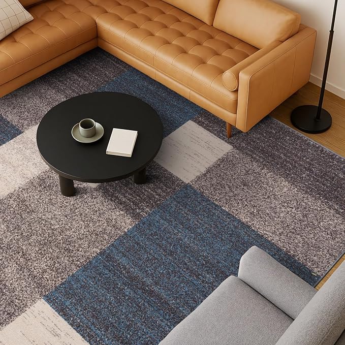 Rugshop Contemporary Blue Geometric Boxes Non-Slip Area Rug Non-Shedding for Living Room, Dining Room and Office, 5'3" x 7'3"