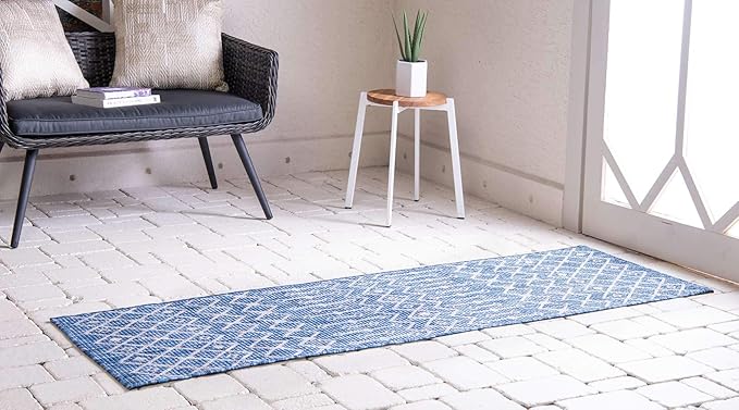 Unique Loom Outdoor Trellis Collection Area Rug - Tribal Trellis (2' x 8' Runner, Blue/ Ivory)