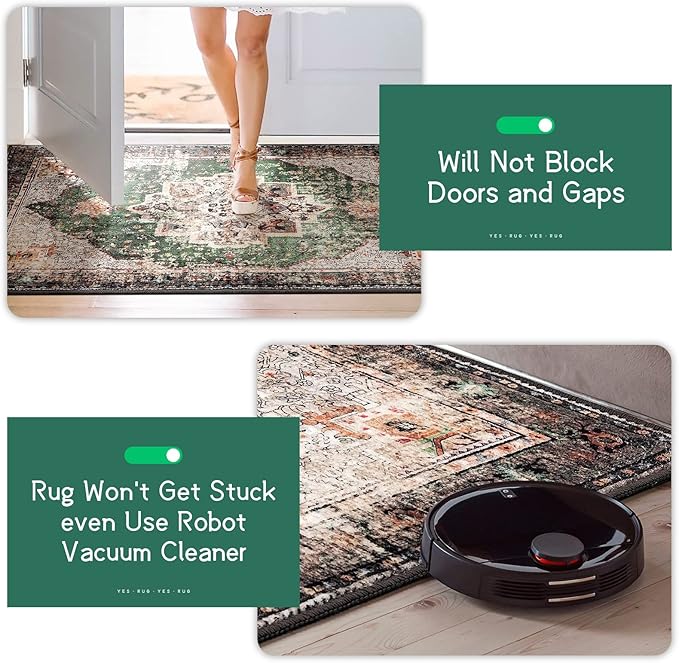 4x6.5 Green Boho Area Rug Vintage for Kitchen Living Room Bedroom Dining Room Office Non Slip Low Pile Indoor Floor Distressed Carpet