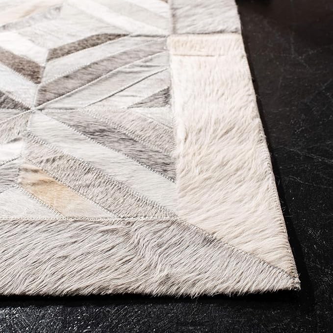 Premium Diamond Pattern Leather Area Rug, Geometric Cowhide Patchwork Carpet - 9X12 ft, Luxury Beige and Grey Non-Slip Floor Accent for Dining Room, Living Room, Hallway