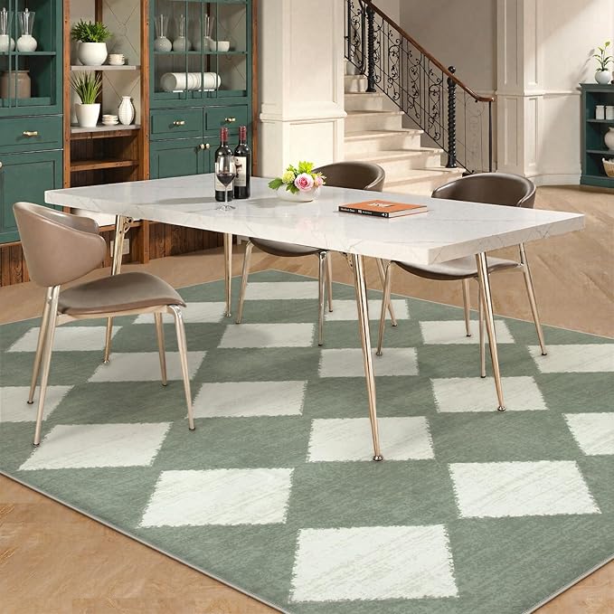 Lahome Checkered Washable 5x7 Rugs for Living Room Green Rug for Bedroom, Soft Dining Room Rugs for Under Table, Diamond Trellis Throw Carpet for Entryway Dorm Kids Playroom (5'x7',Green)