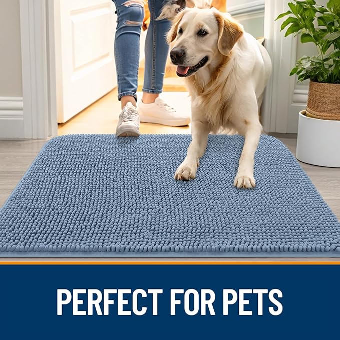 OLANLY Dog Door Mat for Muddy Paws 40x24, Absorbs Moisture and Dirt, Absorbent Non-Slip Washable Doormat, Quick Dry Chenille Mud Mat for Dogs, Entry Indoor Entryway Carpet for Inside Floor, Airy Blue