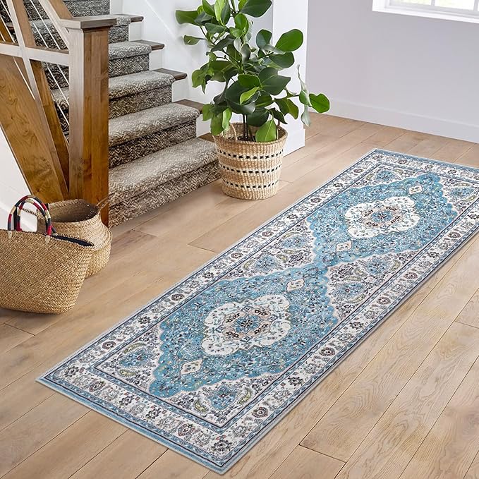 COMSLE Boho Runner Rug, 2x6 Washable Rugs for Hallway Faux Wool Small Throw Rug Distressed Kitchen Area Rug Non-Slip Laundry Room Rug Carpet Runner for Entryway Indoor Bedroom (Light Blue)