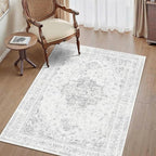 3x5 Vintage Washable Area Rugs Boho Medallion Large Distressed Retro Accent Carpet Floral Non-Slip Soft Low Pile Indoor Throw Rug for Living Room Bedroom Dining Room Office Kitchen, Gray