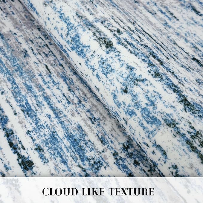 Modern Abstract 8x10 Large Machine Washable Living Room Rug Non-Slip Soft Bedroom Area Rug Grey Blue White Thin Print Faux Wool Carpet Throw Rugs for Nursery Playroom Dining Room Indoor