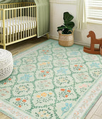YIHOUSE Green Floral Print Rugs, Moroccan Trellis 10x14 Washable Large Rug, Modern Pastel Non Slip Ultra-Thin Area Rug for Classroom, Nursery Playroom,Dorm,Bedroom,Living Room, Green Multi