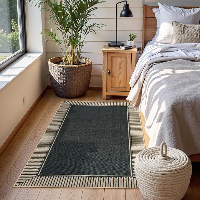 Moynesa Striped Border Easy Jute Outdoor Patio Rug 3x5, Washable Entryway Rug Non Slip with Rubber Backing, Farmhouse Modern Carpet for Backyard Bedroom Living Room Kitchen, Black