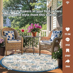 jinchan Elora 6ft Floral Round Rug for Dining Room Washable Living Room Rug Vintage Romance Design Non Slip Indoor Floor Cover Lightweight Low-Profile Throw Carpet for Bedroom Porch Patio, Blue/Beige