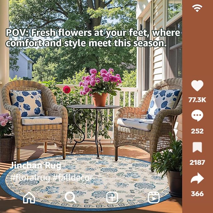 jinchan Elora 7ft Floral Round Rug for Dining Room Washable Living Room Rug Vintage Romance Design Non Slip Indoor Floor Cover Lightweight Low-Profile Throw Carpet for Bedroom Porch Patio, Blue/Beige