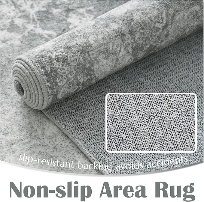 jinchan Vintage Floral 5x7 Area Rugs - Machine Washable Distressed Design Soft Ultra-Thin Low-Pile Non-Slip Carpet for Kitchen Bedroom Nursery Living Room Dining Room Home Office (5x7ft, Grey)