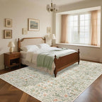 Washable Living Room Rug: 8x10 Boho Floral Soft Area Rug for Bedroom Decor - Vintage Low Pile Thin Carpet for Dining Room Non-Slip - Farmhouse Stain Resistant Rugs - Beige Green