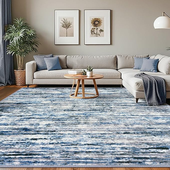 Modern Abstract 8x10 Large Machine Washable Living Room Rug Non-Slip Soft Bedroom Area Rug Grey Blue White Thin Print Faux Wool Carpet Throw Rugs for Nursery Playroom Dining Room Indoor