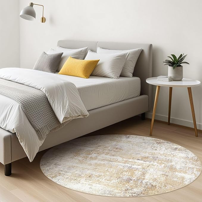 Round Rug Living Room Rugs: 4x4 Washable Circle Abstract Modern Soft Stain Resistant Non-Slip Indoor Floor Carpet for Bedroom Entryway Nursery Office Dorm Home House Decor- Gray Gold