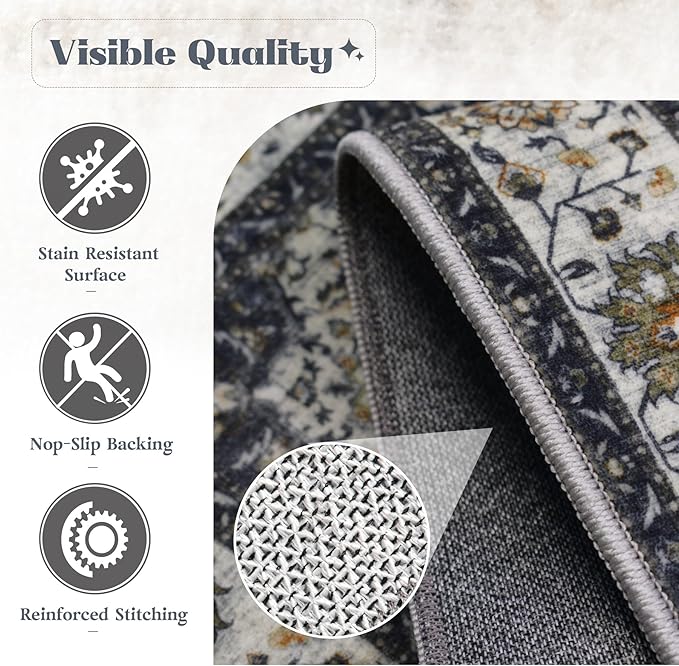Area Rug 9x12 Washable Rug, Vintage Boho Medallion Rugs Non-Slip Soft Low Pile Large Distressed Rug Indoor Retro Carpet for Living Room Bedroom Dining Room Home Office (Vintage Black, 9'x12')