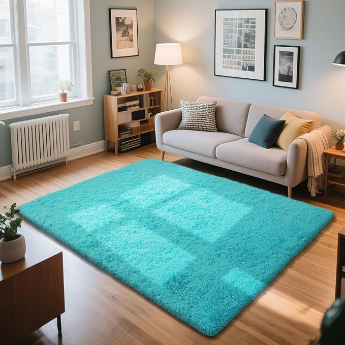 Teal Blue Rug Fluffy Rugs, 4x6 Teal Area Rugs for Bedroom, Soft Cute Baby Play Mat, Indoor Floor Carpet for Teen, Nursery, Preppy Dorm, Plush Aesthetic Bedside Rug