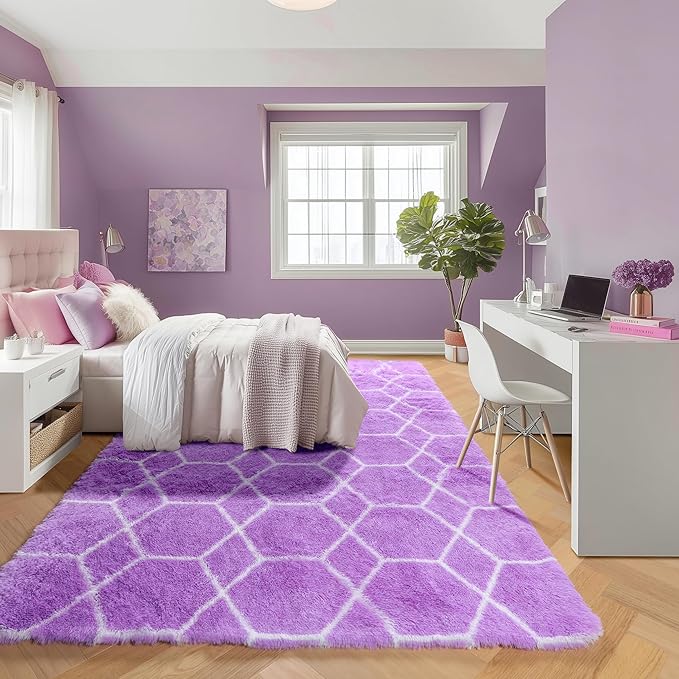 ONASAR 5x7 Area Rugs for Living Room Bedroom, Washable Fluffy Purple and White Throw Rug, Geometric Boho Soft Plush Shaggy Floor Bedside Carpet Mat for Nursery Kids Girls Boys Teen Dorm Home Decor