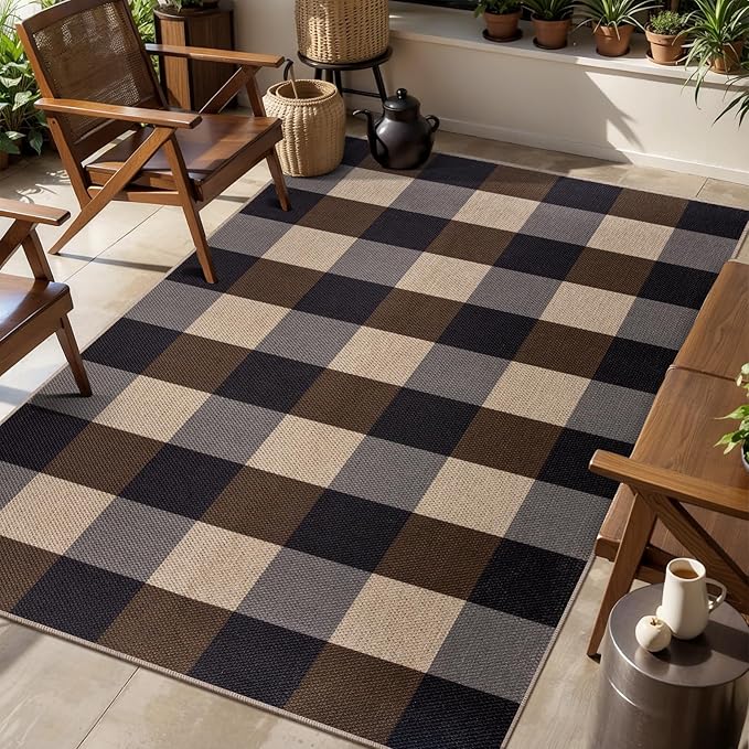 Tangsoo Checkered 4x6 Washable Easy Jute Area Rug for Patio,Non-Slip Black Brown Indoor Outdoor Rug,Modern Throw Mat Ultra Thin Carpet for Front Porch Kitchen Bedroom Foyer