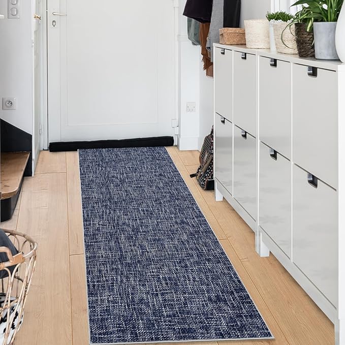RUGSREAL 2x6 Runner Rug Washable Kitchen Runner Rug Modern Abstract Runner Mat for Hallway Contemporary Solid Rug Non-Slip Foldable Aesthetic Accent Floor Carpet for Living Room Bedroom, Blue