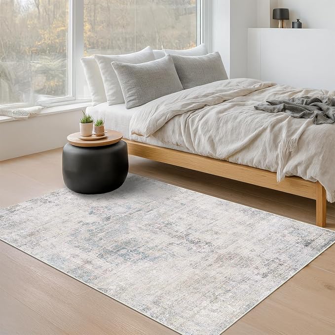 Washable Light Blue Rugs for Entryway Indoor - 3x4 Throw Rug for Large Kitchen, Bedroom Bedside, Bathroom, Mudroom, Mordern Abstract Medallion Décor, Non Slip Low Pile Fade Resistant