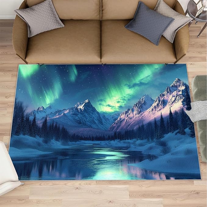 3x4 Snowy Mountains Rugs for Entryway - Aurora Borealis Kids Bedroom Rug, Polar Landscape Mudroom Rug Soft for Coffee Shop Living Room Under Table Game Room