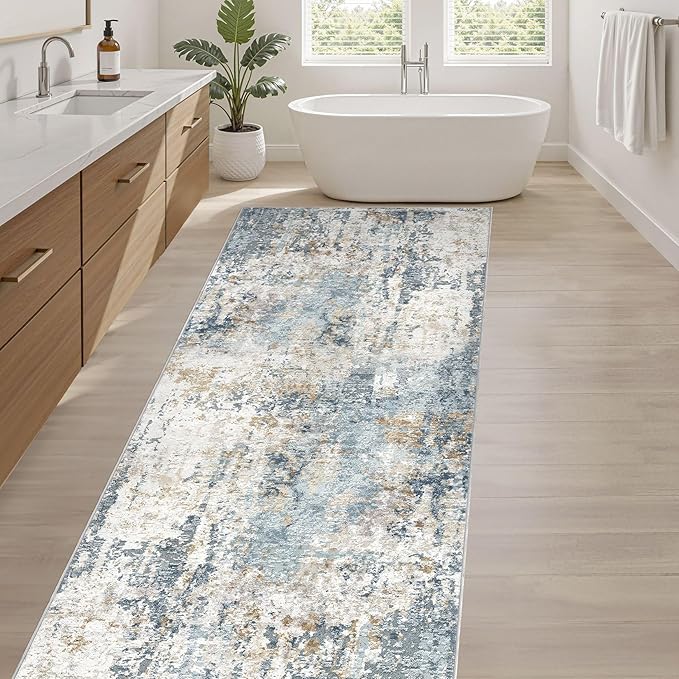 Runner Rug Non Slip Rugs: 3x8 Hallway Kitchen Washable Abstract Soft Modern Stain Resistant Indoor Floor Neutral Accent Throw Carpet for Bathroom Laundry Room Entryway Bedroom- Blue