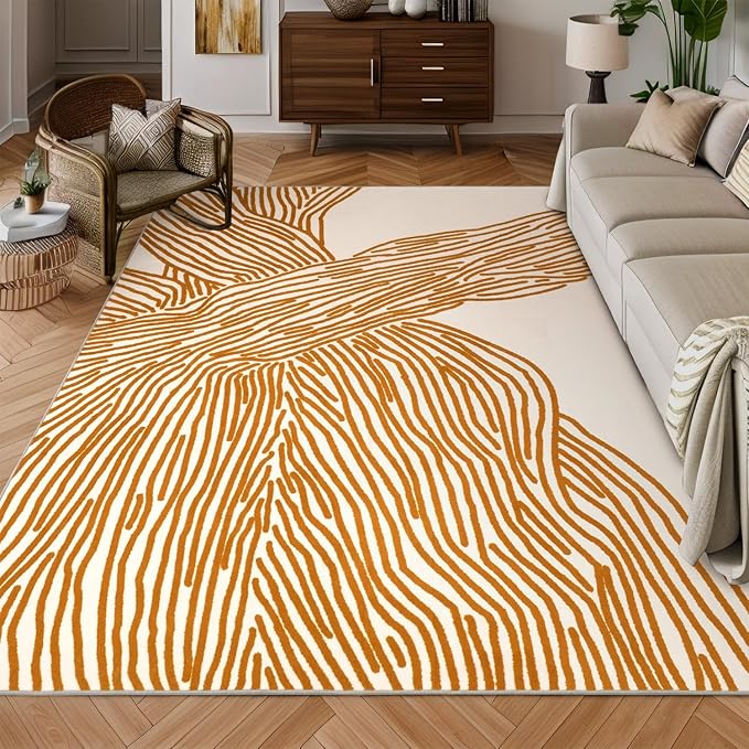 YIHOUSE Orange Rug for Living Room, 5×7 Modern Abstract Area Rug, Geometric Contemporary Wave Striped Rugs for Playroom Nursery, Washable Nonslip Large Rug for Bedroom Dining Room
