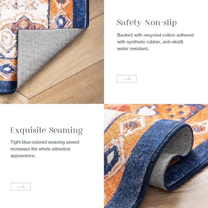Phantoscope Washable Area Rug 4'x6' Non-Slip, Vintage Boho Rugs for Living Room, Bedroom, Dining Room, Distressed Persian Market Pattern, Low-Pile Foldable Floor Carpet, Navy/Orange