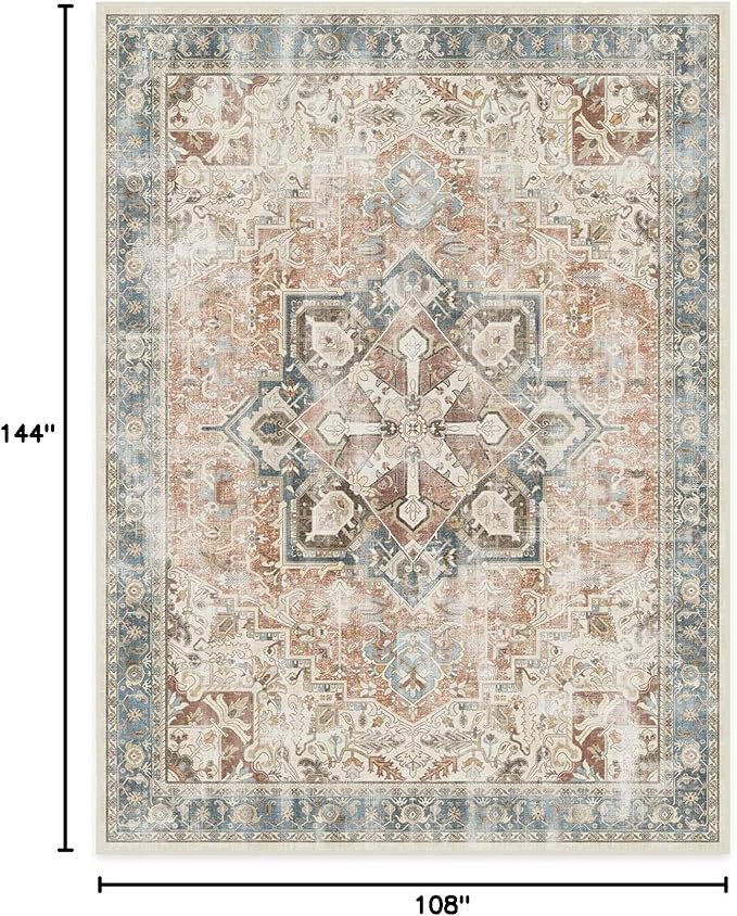 RUGGABLE Washable Vintage Area Rug – Kamran Coral 9x12, Stain-Resistant, Non-Slip – Large Machine Washable Rugs for Living Room, Bedroom, Hallway, Entryway & Office–with Cushioned Pad