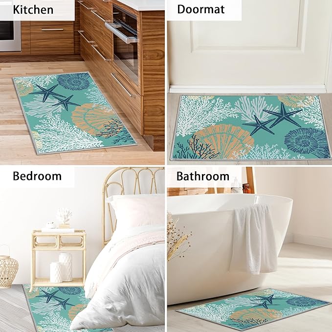 Tritard Coastal Area Rug 2x3 - Small Machine Washable Foldable Throw Rugs Non-Slip Beach Ocean Entryway Doormat Indoor Entrance Carpet for Kitchen Bathroom Laundry Bedroom Living Room, Teal