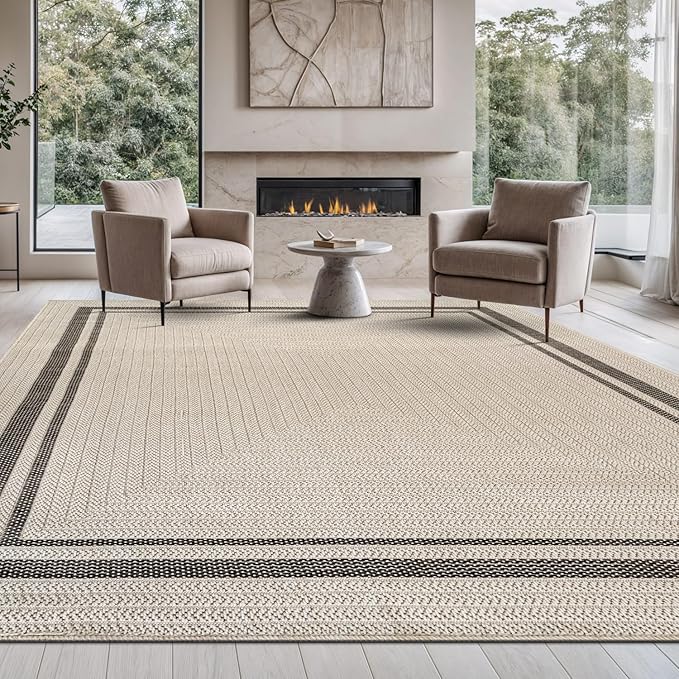 Beverly Rug Easy Jute Bordered Rug 9x12 Washable Large Indoor Outdoor Area Rugs for Living Dining Room Patio Office Stain Resistant Non Shedding Casual Indoor Outside Carpet 9 x 12 Off-White