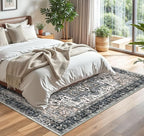 KOZYFLY Boho Area Rug 5x7 Ft Thin Washable Rugs for Living Room Faux Wool Throw Carpet Printed Non Slip Rug for Entryway Bedroom Dining Room Living Space, Black/Taupe/Beige