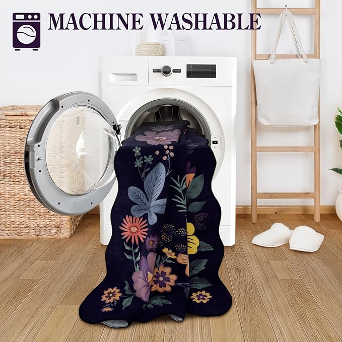 Lahome Floral Washable Rugs for Bedroom, 4X6 Area Rug Ultra-Thin Soft Living Room Rug, Non-Slip Classroom Rug Stain Resistant Lightweight Boho Low-Pile Throw Carpet for ‎Office (4x6ft,Purple)