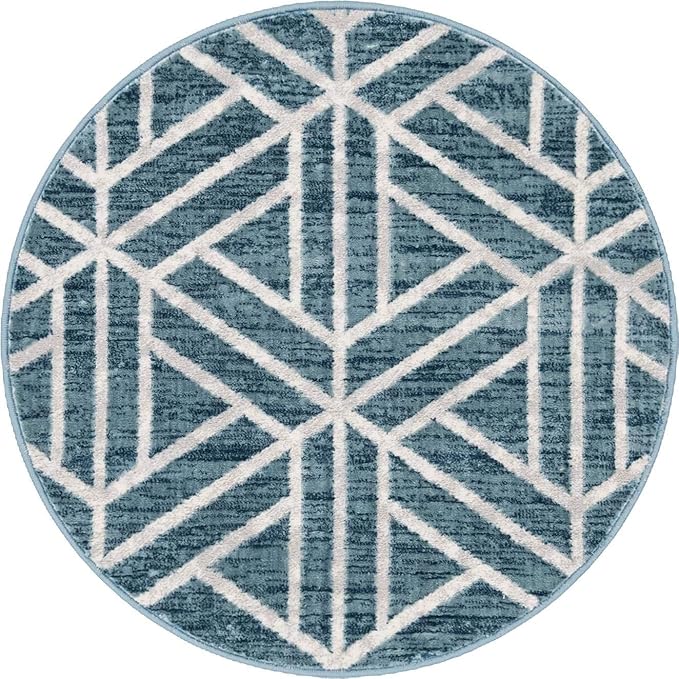Rugs.com Lattice Trellis Collection Rug – 3 Ft Round Blue Low-Pile Rug Perfect for Kitchens, Dining Rooms