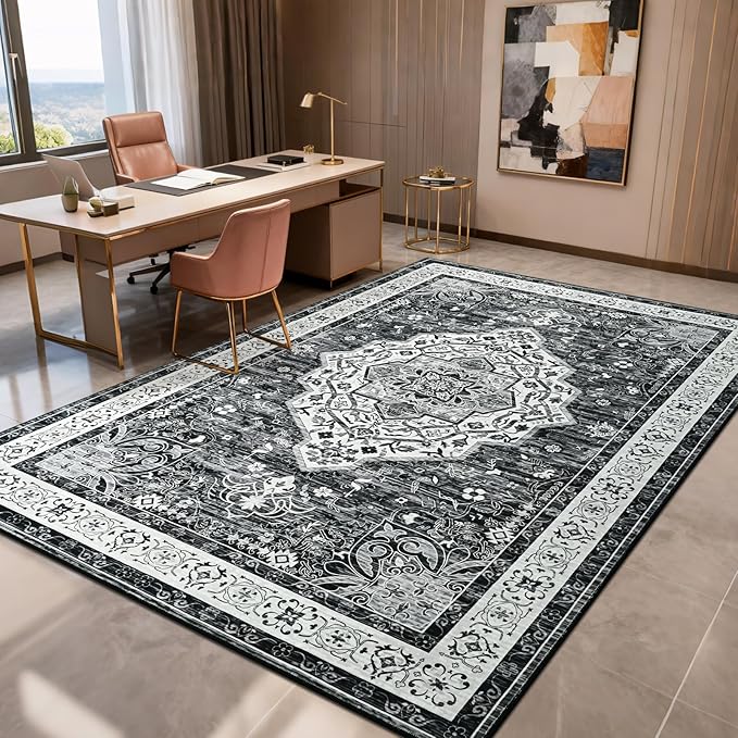 Black 4x6 Rug for Bedroom, Non Slip Washable Area Rugs for Living Room, Distressed Indoor Retro Accent Vintage Carpet for Kitchen, Office, Dining Room, Farmhouse, Kids Room
