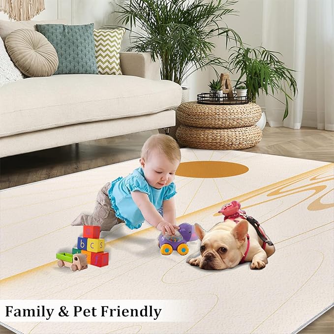 Boho Sun Area Rugs 5x6ft, Minimalist Sunburst Rugs for Kids Bedroom, Geometric Solar Office Rug Low Pile are Not Stumbling Foot for Living Room End Table Nursery