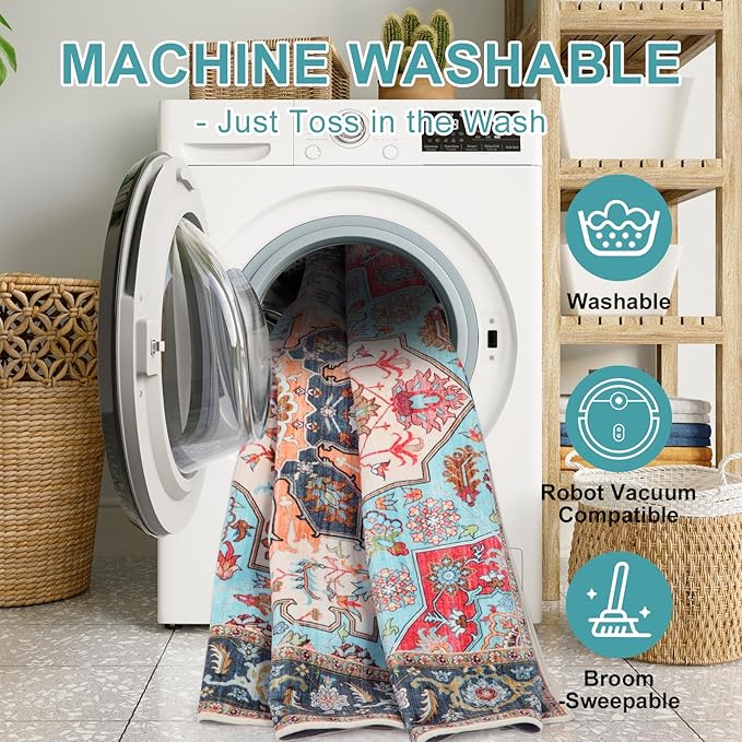 WILLSUN Washable Area Rugs, 4x6 Non-Slip Boho Large Area Rugs for Living Room, Bedroom, Machine Washable Vintage Rug, Indoor Floral Print Carpet for Home Decor, Kid & Pet Friendly Mat