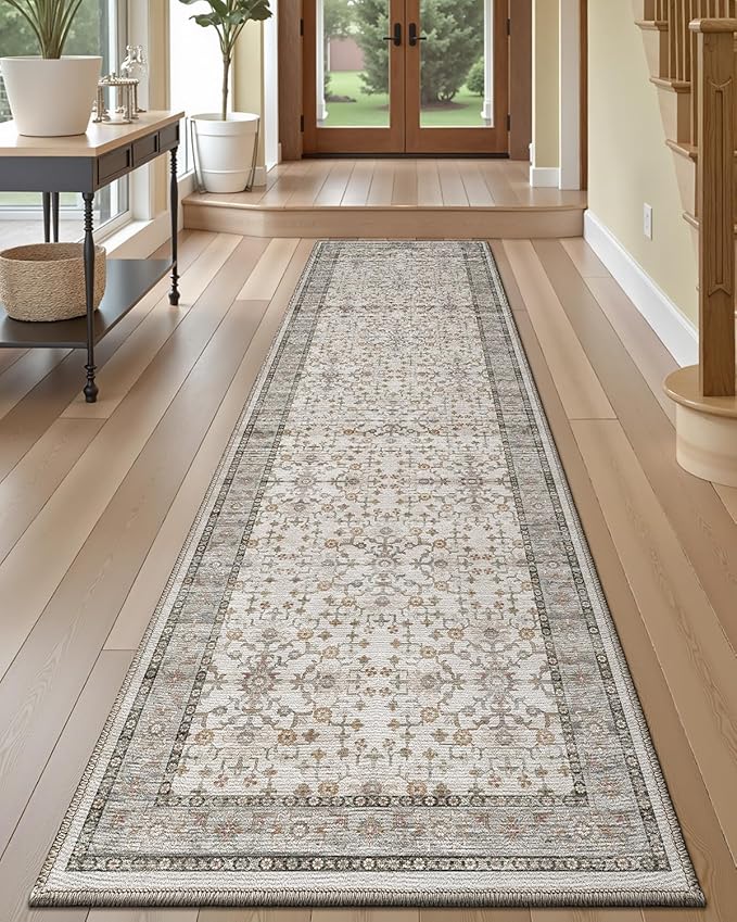 LUMI Washable Kitchen Rug, 23x84 Non-Slip Indoor Hallway Runner, Soft Low Pile Vintage Distressed Area Rugs for Laundry, Bedroom, Celadon