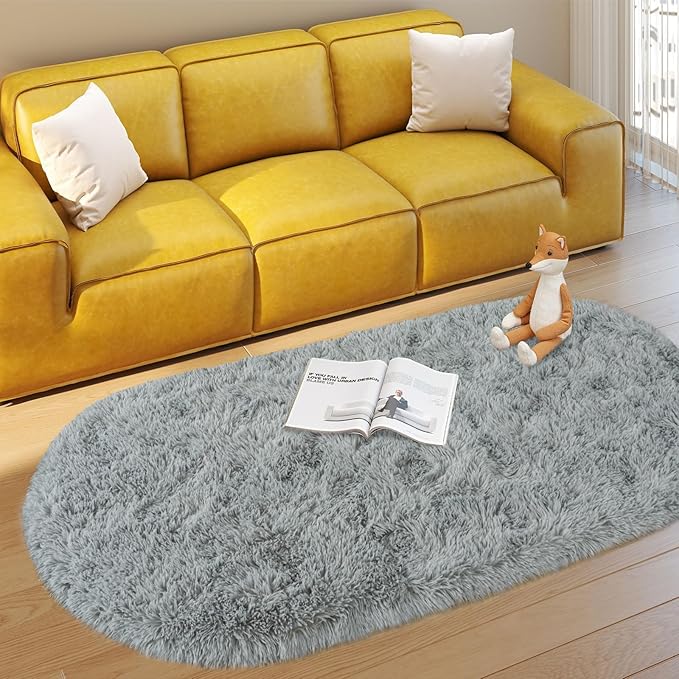 Soft Fluffy Area Rug for Bedroom, Grey Fuzzy Shaggy Oval Throw Rugs for Bedside, Non-Slip Cozy Plush Shag Carpet for Kids Room Nursery Dorm Living Room, 2.6 x 5.3 Feet