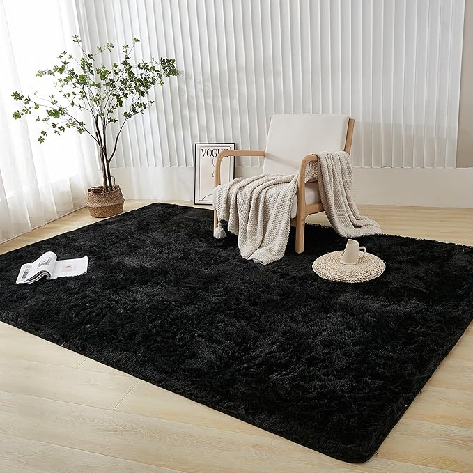 Andency Black Soft Area Rugs for Living Room Bedroom, 4x6 Fluffy Shaggy Bedside Rug, Non-Slip Large Shag Fuzzy Plush Carpets for Bedroom Kids Dorm Nursery Home Decor Aesthetic