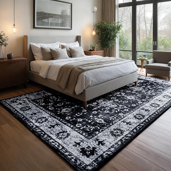 Area Rug for Living Room, 9x12 Machine Washable Non Slip Large Faux Wool Throw Rug, 0.3″ Low Pile & Non-Shedding Boho Large Carpet Rugs for for Dining Room, Bedroom, Office (Black White)