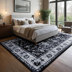Area Rug for Living Room, 9x12 Machine Washable Non Slip Large Faux Wool Throw Rug, 0.3″ Low Pile & Non-Shedding Boho Large Carpet Rugs for for Dining Room, Bedroom, Office (Black White)