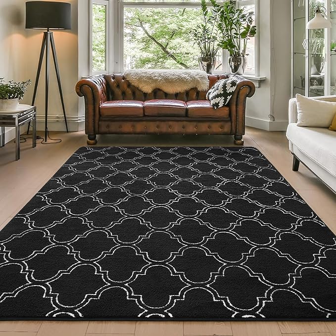 Amearea Fluffy Indoor Area Rug, Soft Trellis Moroccan Rugs for Bedroom, Shag Modern Area Rug for Living Room Kids Room Nursery, Easy Clean, Home Decor Low Pile Carpet, Black 6x9 Feet
