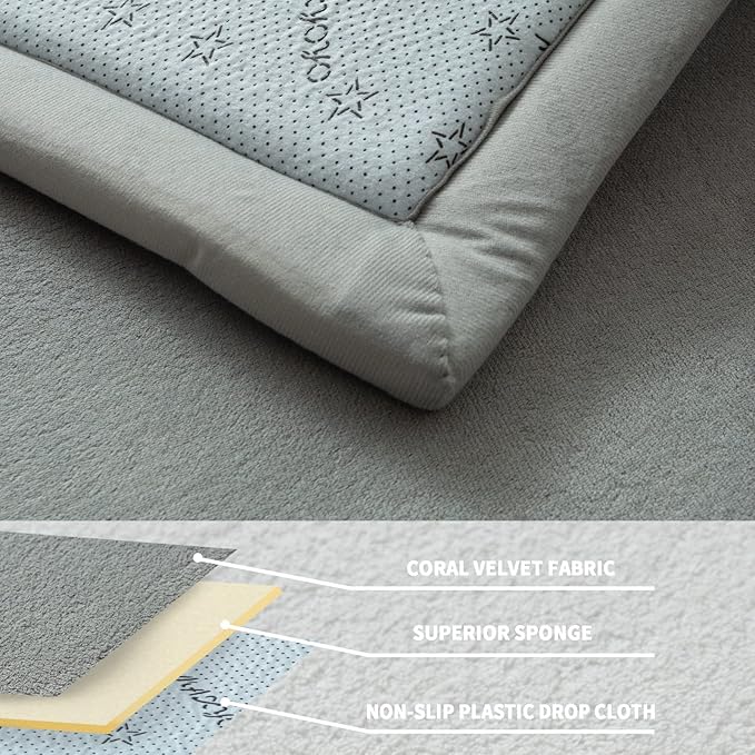 MAXYOYO Grey Coral Velvet Area Rug, Thick Japanese Tatami Mat Living Room Carpet with Non-Slip Backing, Large Solid Color Mat for Bedroom Dormitory Yoga, 78 by 118 inch