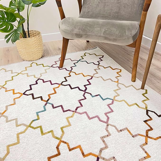 Alfa Rich 7x10 Moroccan White Washable Area Rugs for Living Room Bedroom Kitchen Decor Cotton Rug
